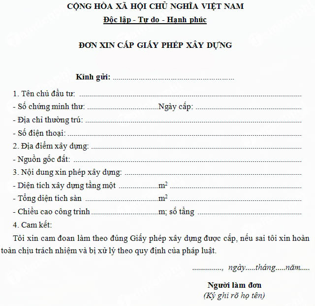 Đơn xin cấp phép xây dựng